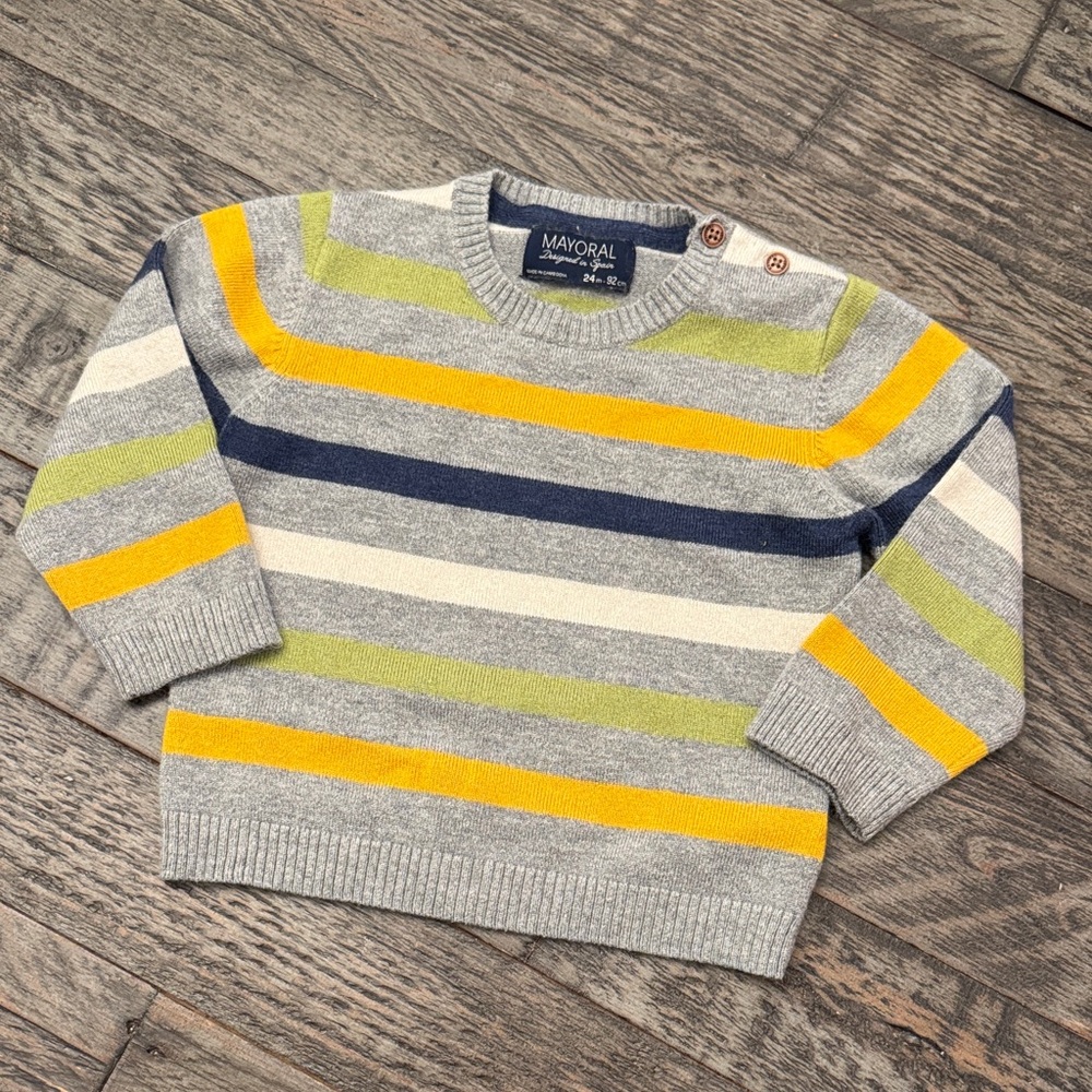 Mayoral Gray Striped Knit Sweater with Yellow, Navy & Lime